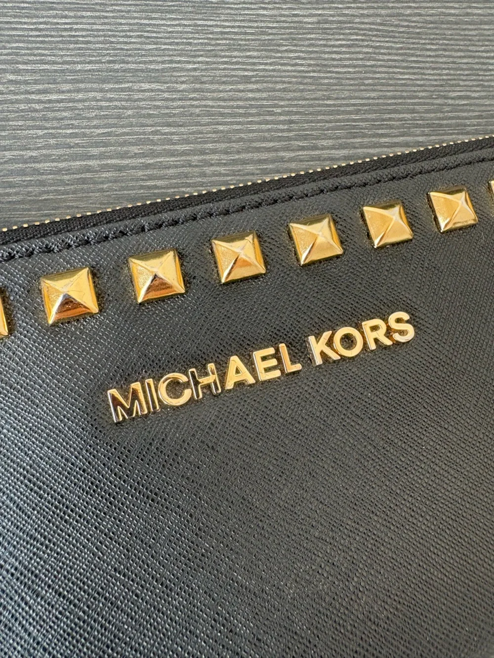 Michael Kors Studded Saffiano Leather Zip Wristlet Wallet Black Gold